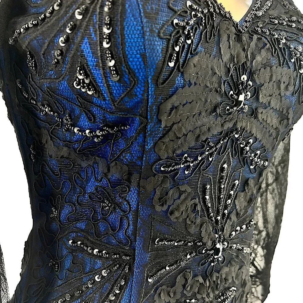 Sue Wong 3/4 SLEEVE V-NECK BEADED ROYAL BLUE & BLACK LACE COCKTAIL DRESS SIZE 4 - Picture 2 of 15